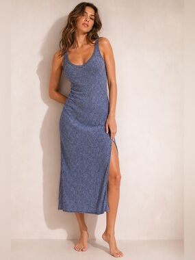 (M) Vintage Victoria’s Secret 2002 Midi Dress Blue Ditsy Floral Medium Slit Lace